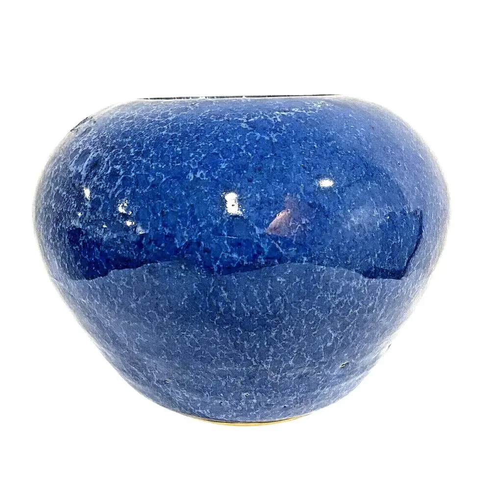 Studio pottery flower pot vase planter deep blue ovoid organic cottage farmhouse